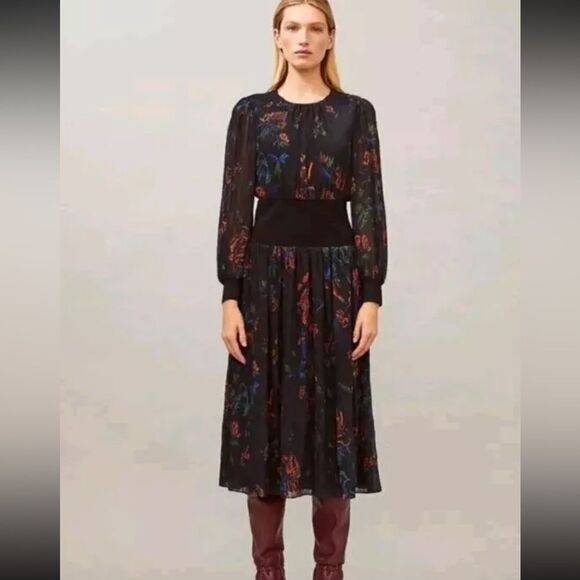 Tory Burch Black and Red Pleated Long Sleeve Dress